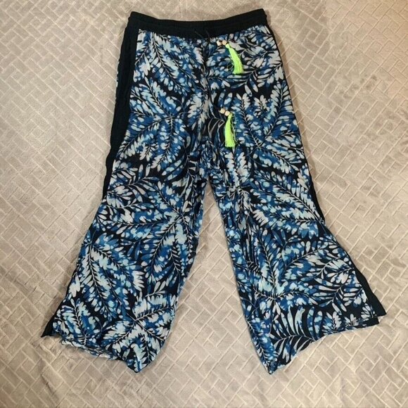Womens Small Swim Cover Pants Capri Slit Straight Leg Sheer Colorful Palm Print - Picture 1 of 10